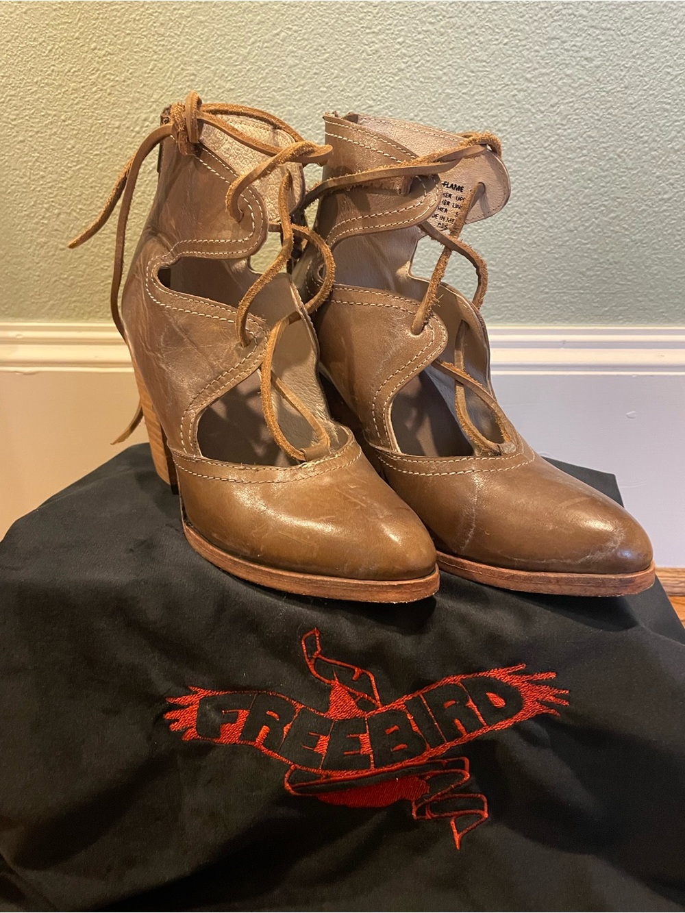 Freebird by Steven Taupe Brown Lace-Up Cutout Leather Heels